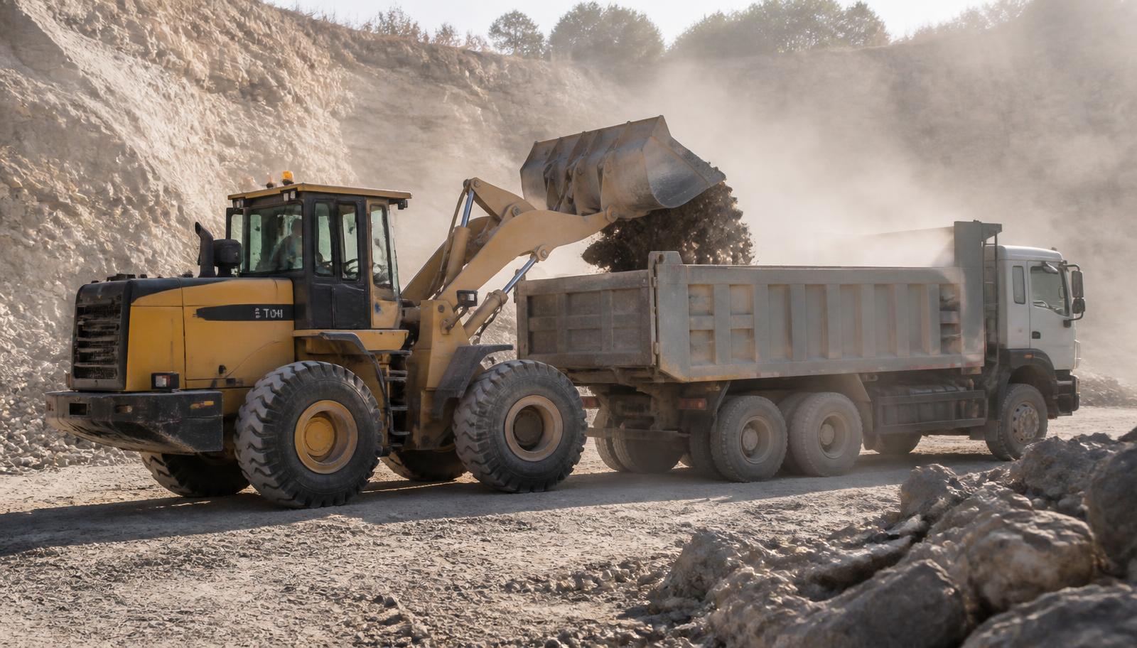 5 ton wheel loader loading crushed aggregate at a quarry site