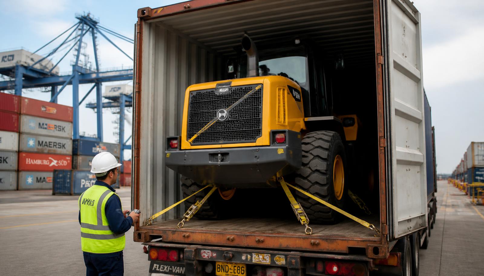 5 ton wheel loader lashed inside a shipping container at the port