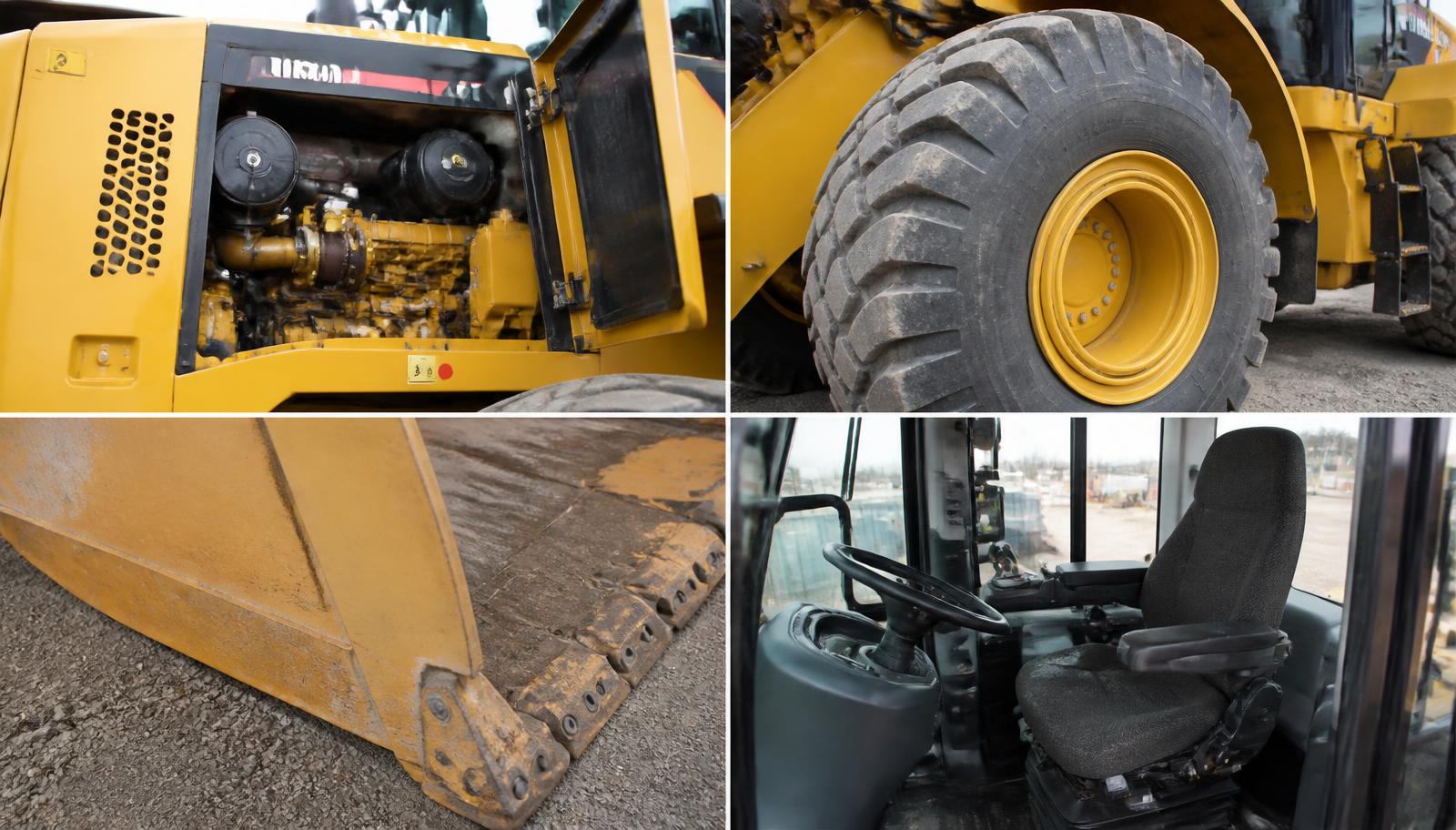 Wheel loader engine compartment, tires, bucket edge and operator cab details